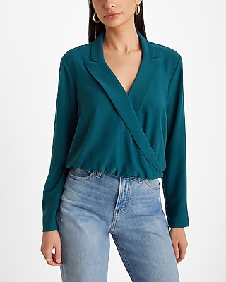 Collared V-Neck Long Sleeve Faux Wrap Front Top