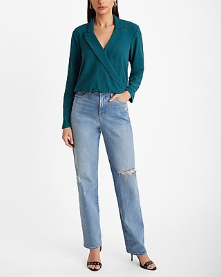 Collared V-Neck Long Sleeve Faux Wrap Front Top