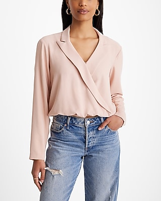 Collared V-Neck Long Sleeve Faux Wrap Front Top