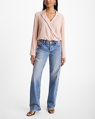 Collared V-Neck Long Sleeve Faux Wrap Front Top