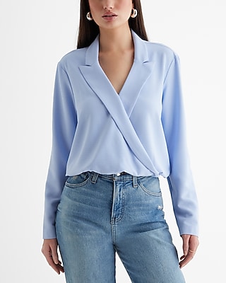 Collared V-Neck Long Sleeve Faux Wrap Front Top