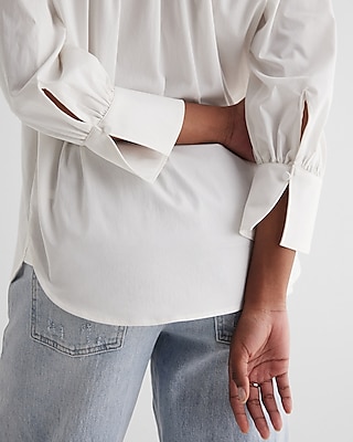 Gathered Sleeve Half Button Up Shirt