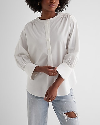 Gathered Sleeve Half Button Up Shirt