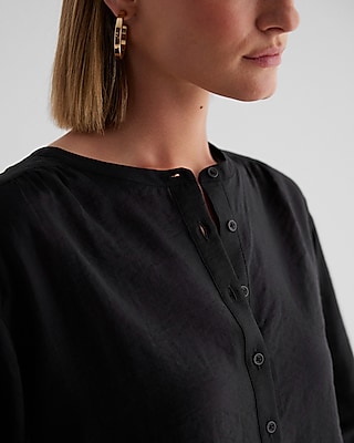 Gathered Sleeve Half Button Up Shirt