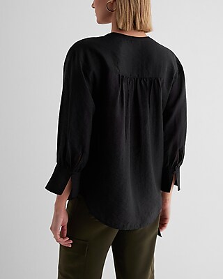 Gathered Sleeve Half Button Up Shirt