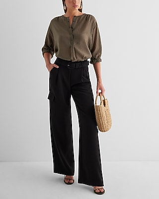 Gathered Sleeve Half Button Up Shirt