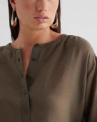 Gathered Sleeve Half Button Up Shirt