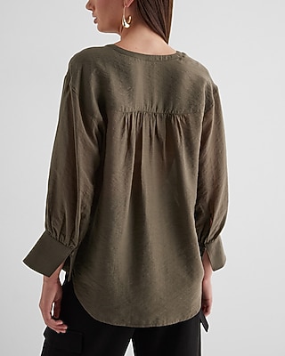 Gathered Sleeve Half Button Up Shirt