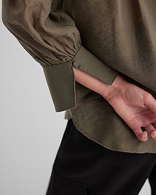 Gathered Sleeve Half Button Up Shirt