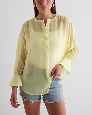 Gathered Sleeve Half Button Up Shirt