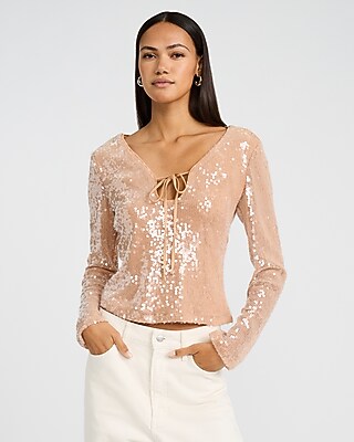 Sequin Long Sleeve Tie Front Top - image 2