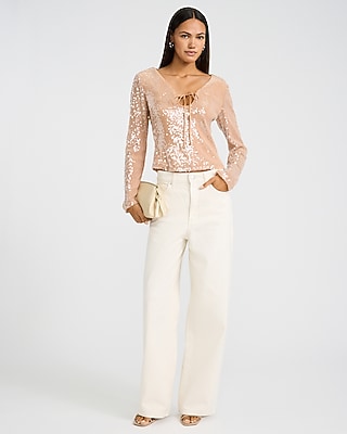 Sequin Long Sleeve Tie Front Top - image 4