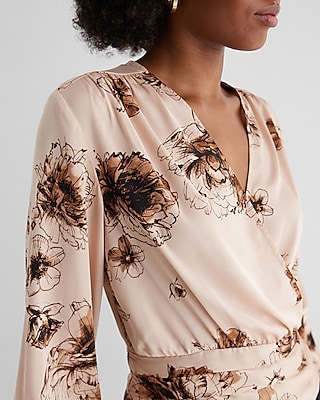 Satin Floral V-Neck Faux Wrap Pleated Waist Top