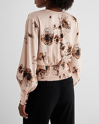 Satin Floral V-Neck Faux Wrap Pleated Waist Top