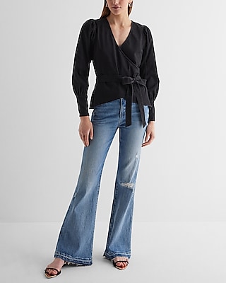 Denim V-Neck Puff Sleeve Faux Wrap Front Top