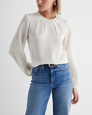 Satin Textured Gathered Neck Balloon Sleeve Top