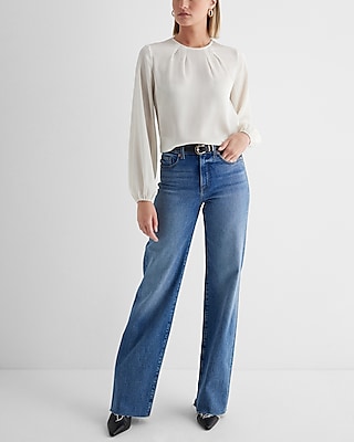 Satin Textured Gathered Neck Balloon Sleeve Top