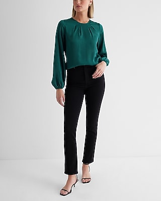 Satin Textured Gathered Neck Balloon Sleeve Top