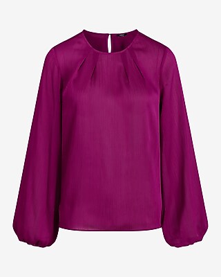 Satin Textured Gathered Neck Balloon Sleeve Top