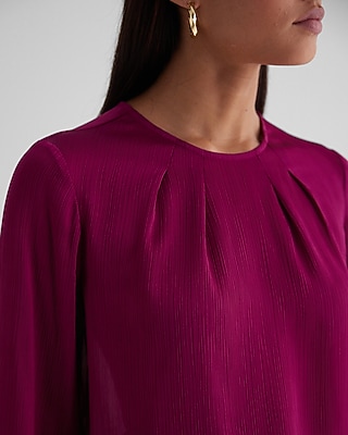 Satin Textured Gathered Neck Balloon Sleeve Top