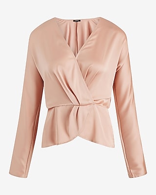 Satin Draped Faux Wrap Peplum Top