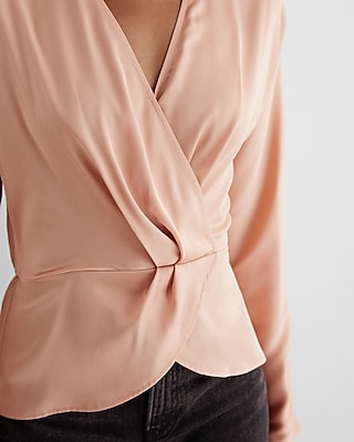 Satin Draped Faux Wrap Peplum Top