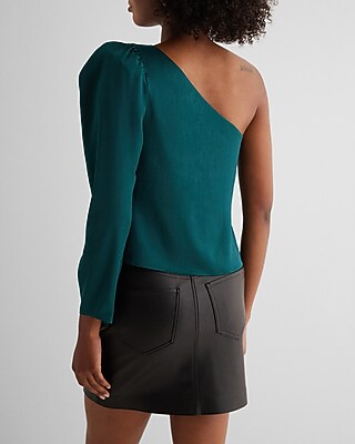 Satin One Shoulder Puff Sleeve Top | Express