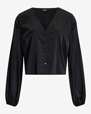 V-Neck Balloon Sleeve Button Up Shirt