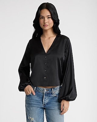 V-Neck Balloon Sleeve Button Up Shirt