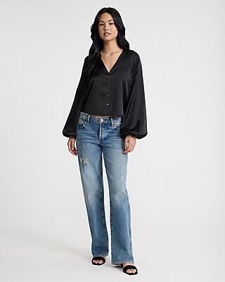 V-Neck Balloon Sleeve Button Up Shirt