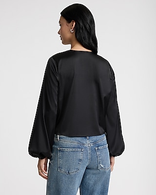 V-Neck Balloon Sleeve Button Up Shirt