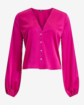 V-Neck Balloon Sleeve Button Up Shirt