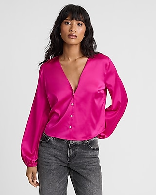 V-Neck Balloon Sleeve Button Up Shirt