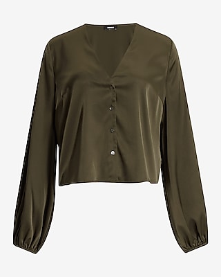 V-Neck Balloon Sleeve Button Up Shirt