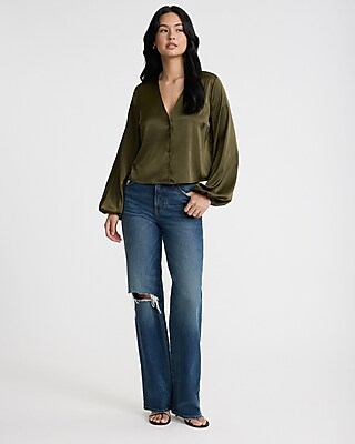 V-Neck Balloon Sleeve Button Up Shirt