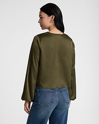 V-Neck Balloon Sleeve Button Up Shirt
