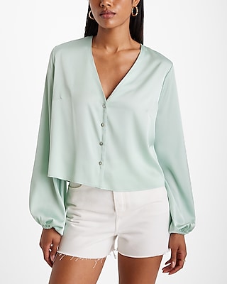 V-Neck Balloon Sleeve Button Up Shirt