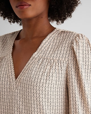 Satin Printed V-Neck Cuff Sleeve Top