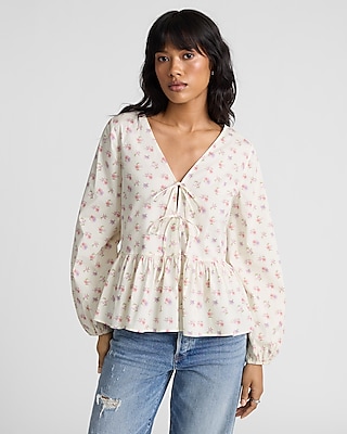 Striped Floral Puff Sleeve Ruched Peplum Top | Express Striped Floral Puff Sleeve Ruched Peplum Top | Express