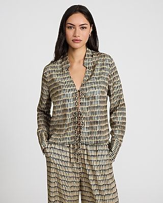 Printed Collared Long Sleeve Tie Front Top