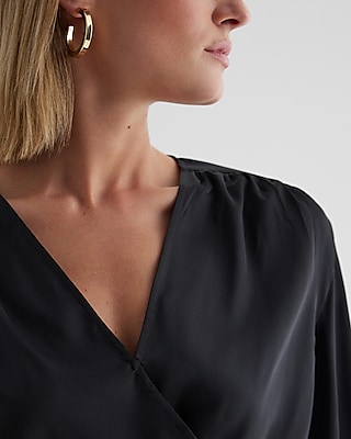 Satin V-Neck Balloon Sleeve Faux Wrap Top