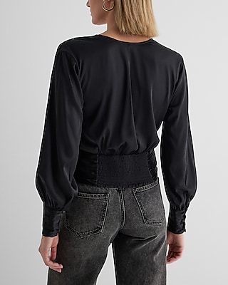 Satin V-Neck Balloon Sleeve Faux Wrap Top