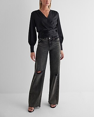 Satin V-Neck Balloon Sleeve Faux Wrap Top