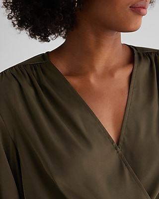 Satin V-Neck Balloon Sleeve Faux Wrap Top