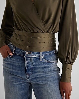 Satin V-Neck Balloon Sleeve Faux Wrap Top