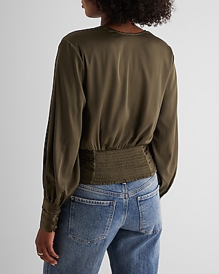 Satin V-Neck Balloon Sleeve Faux Wrap Top