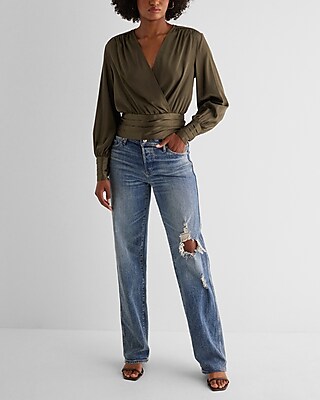 Satin V-Neck Balloon Sleeve Faux Wrap Top