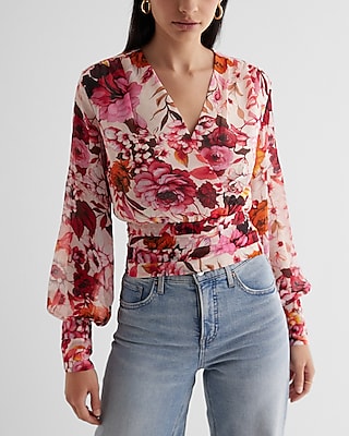 トップス Flower Pleats Tops Floral V-neck Long Sleeve Faux Wrap Pleated Waist Top | Express