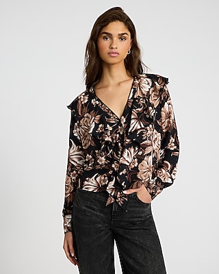 Leopard Ruffle Button Front Long Sleeve Top | Express Leopard Ruffle Button Front Long Sleeve Top | Express