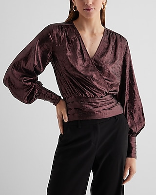 Metallic V-Neck Balloon Sleeve Faux Wrap Top